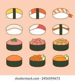 various types of sushi, vector illustration