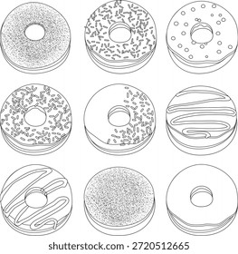 Varios tipos de postres de pastel de rosquillas dulces. Conjunto de rosquillas glaseadas con espolvoreadas y glaseado de crema de chocolate. Vector para colorear en blanco y negro.