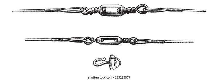 Various Types of Swivels, used in Fly Fishing, vintage engraved illustration. Le Magasin Pittoresque - 1874