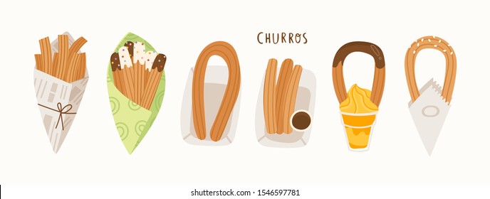 Various types of tasty churros. Traditional spanish food. Fried dough. Tejeringos. Hand drawn colored trendy vector illustration. Cartoon style. Flat design. All elements are isolated