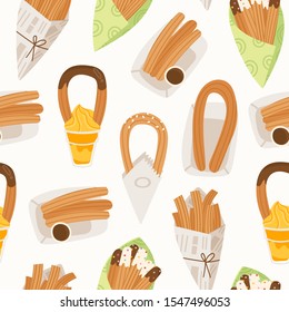 Various types of tasty churros. Traditional spanish food. Fried dough. Tejeringos. Hand drawn colored trendy vector illustration. Cartoon style. Flat design. Colorful Seamless pattern. Sweet and salty