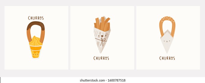 Various types of tasty churros. Traditional spanish food. Fried dough. Tejeringos. Hand drawn colored trendy vector illustration. Cartoon style. Flat design. Pre-made cards