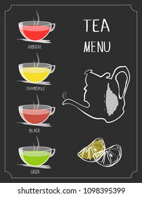 Various types of tea, including black, green, yellow, red, herbal, isolated on a dark background with a blackboard. Menu to print. Vector illustration in a cartoon style.