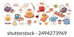 Various types of tea set. Accessories for a tea party. Teapots, teacups, and infusers for traditional and cozy tea drinking. Flat vector illustration.