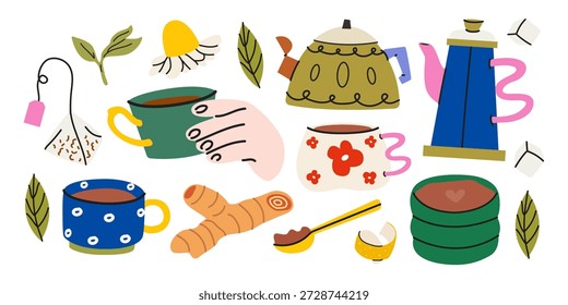 Varios tipos de teteras, tazas de cerámica, aditivos de té en estilo de dibujos animados. Cómodas y acogedoras pegatinas de bebidas. Manzanilla, azúcar, bolsita de té, jengibre, cítricos, té verde. Ilustración plana de Vector de bebidas