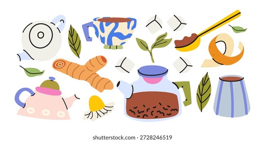 Varios tipos de teteras, tazas, aditivos de té en estilo de dibujos animados. Elementos cómodos y acogedores. Manzanilla, azúcar, cítricos, té verde. Vector bebida ilustración
