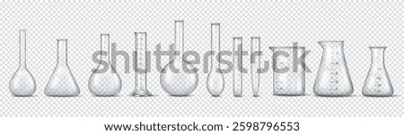 Various types of transparent laboratory glassware including flasks, beakers, and measuring cylinders are displayed on a checkered background.