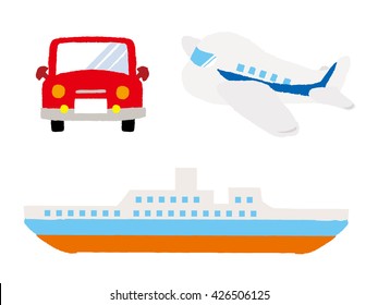 Various types of transport: car, train, airoplane, ship. Vector set of different means of transportation.