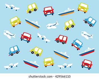 Various types of transport: car, train, airoplane, ship. Vector set of different means of transportation.