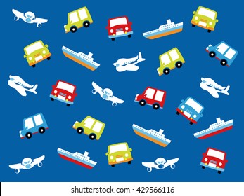 Various types of transport: car, train, airoplane, ship. Vector set of different means of transportation.
