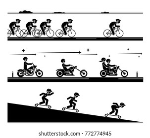 Various types of transport. Illustration in form of pictograms which represent enjoyment in travel and sport. Bicycle race, motorcycle rides, riding skateboard downhill on a ramp.
