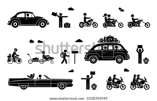 Various\
types of transport. Illustration in form of pictograms which\
represent travel by bike, motorcycle and\
car.\

