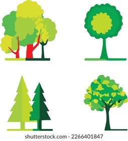 Various Types Of Trees In Spring Vector Icons Separated On White. Handmade vector art.
