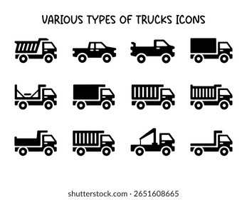 Various Types of Trucks Icons Set, Dump Trucks, Pickups, Cargo Utility Vehicle Vectors.