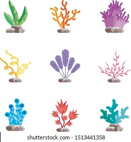 various types of underwater plants such as coral reefs, corals and algae with flat design style