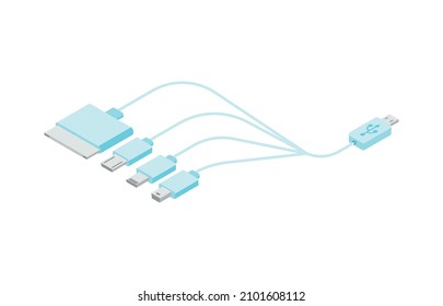 Various types of usb charging plugs on white background isometric vector illustration