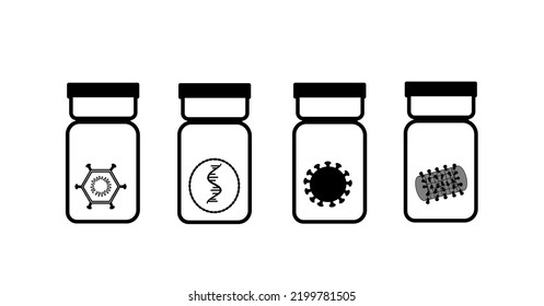 The various types of vaccine : Viral vector, mRNA, inactivation and Protein subunit in separation vial that represent in black and white icon concept.