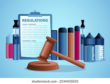 Various types of vape devices alongside refill bottles, a gavel, and regulatory documents. Concepts of vaping laws, industry regulations, or legal discussions surrounding e-cigarettes