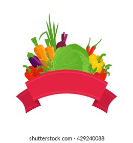 Various types of vegetables with red ribbon.