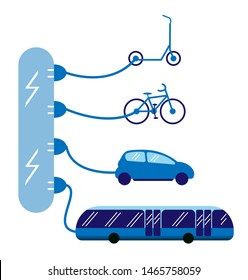 Various types of vehicles powered by electricity. Vector illustration. Bicycle, bus, scooter and car charging through the wires from the electric station. White background