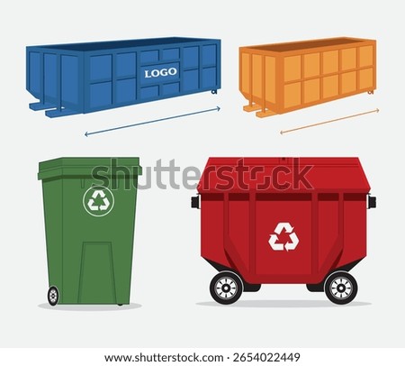 Various Types of Waste Containers, Dumpsters, Trash Cans and Recycling Bins