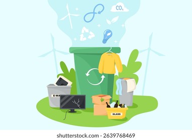 Various types of waste like e-waste, glass, and clothes sorted for recycling in green environment, clean energy concept. Vector illustration