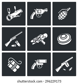 Various types of weapons icons set. Vector Illustration.
Isolated Flat Icons collection on a black background for design