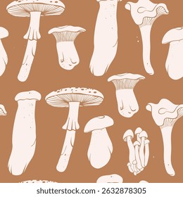 Various types of white Mushrooms. Forest wild edible mushrooms. Hand drawn modern Vector illustration. Autumn mood, vegetarian, organic food concept. Square seamless Pattern, background, wallpaper