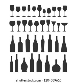 Various types wine glasses and bottles icon set. Wine glass and bottle vector black silhouette collection icons.