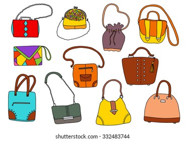 Various types of women's handbags vector illustration set on a white background