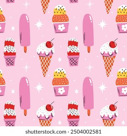 Various types of yummy ice cream cone waffles, frozen delicious desserts, tasty sweet summer snacks, street food vector seamless pattern illustration set in cartoon retro, groovy, funky style