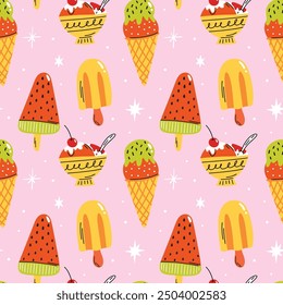 Varios tipos de deliciosos gofres de cono de helado, deliciosos postres congelados, sabrosos refrigerios dulces de verano, ilustración de patrón transparente de Vector de comida callejera en estilo retro de dibujos animados, groovy y funky