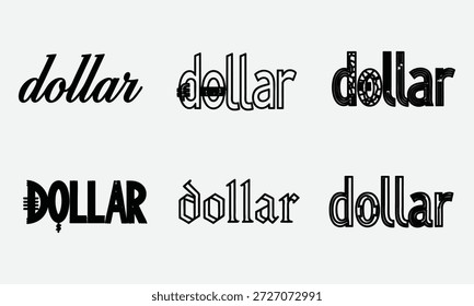 Verschiedene typografische Designs des Wortes Dollar in schwarzen Schriftarten