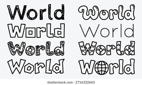 Various typographic illustrations of the word World in different styles and fonts