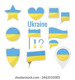 Various Ukraine flags set on pole, table flag, mark, star badge and different shapes badges. Patriotic ukrainian sticker