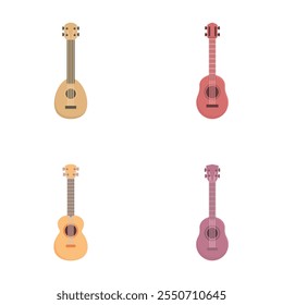 Vários ícones de ukulele definem o vetor de desenhos animados. Pequeno violão acústico havaiano. Instrumento musical