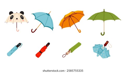 Various umbrella set. Open, folded, and closed umbrellas. Vector illustrations set. Parasols for rainy weather. Rain protection accessories.