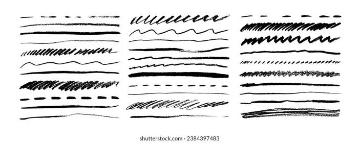 Various underlines and dividers collection. Hand drawn charcoal curved and dotted lines, straight strokes, decorative marker stripes. Different vector doodle strokes set. Charcoal or pencil scribbles.