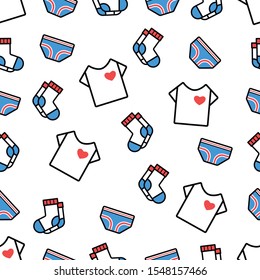 Various underwear, socks, trunks, t-shirt. Minimalistic icons. Colorful graphic vector seamless pattern. Cartoon style, simple flat design. Trendy illustration