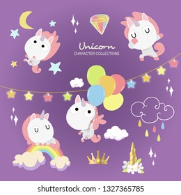 various of unicorns character design with clouds balloon and rainbow rain