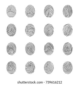 Various Unique Fingerprints Black Thin Line Icon Set for Web and App Identification Privacy Technology Access Scan. Vector illustration of Fingerprint