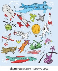 various unique and funny airplane icons. created with a handwriting vector template