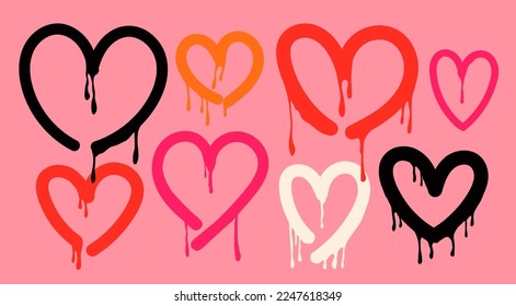Various unique Hearts. Dripping paint, graffiti style, brush stroke, ink splatter grunge hearts. Hand drawn trendy Vector illustration. All elements are isolated. Symbol of love, valentine concept svg