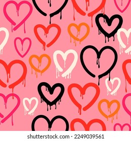 Various unique Hearts. Dripping paint, graffiti style, brush stroke, ink splatter grunge hearts. Hand drawn trendy Vector illustration. Symbol of love, valentine concept. Square seamless Pattern svg
