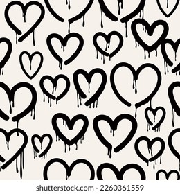 Varios corazones únicos. Pintura de goteo, estilo de graffiti, trazo de cepillo, manchas de tinta y corazones gruesos. Dibujo a mano a la moda ilustración Vector. Símbolo de amor, concepto valentino. Patrón cuadrado sin inconvenientes