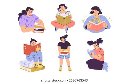 Various unique individuals who are actively engaged in enjoyable reading activities
