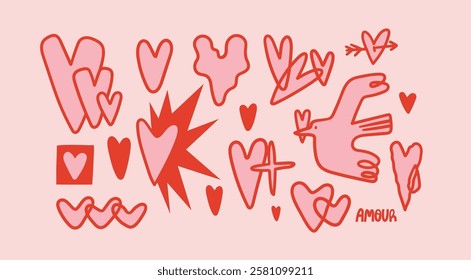 Various unique pink Hearts. Doodle, simple, cool, modern style. Hand drawn trendy Vector illustration. All elements are isolated. Symbol of love, Valentine's Day, romance, affair. Print, card template