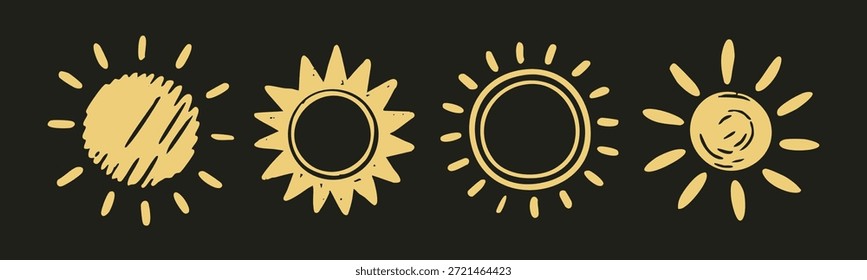 Varios soles amarillos únicos. Abstractas, doodle, estilo infantil, diferentes rayos. App de Clima, sentimiento de verano, viaje, clima, concepto de luz solar. Ilustración vectorial dibujada a mano. Elementos de diseño aislados 