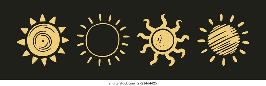 Varios soles amarillos únicos. Abstractas, doodle, estilo infantil, diferentes rayos. App de Clima, sentimiento de verano, viaje, clima, concepto de luz solar. Ilustración vectorial dibujada a mano. Elementos de diseño aislados 
