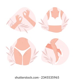 Various unshaved hairy body parts. International Women Day. Female legs, armpits, hands, bikini area with hair. Body positive poster. Depilation.